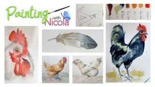 Paint CHICKENS in watercolour. Get the shape, pose & colors.