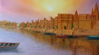 Start Oil painting cityscape, fort, sky, river & reflection
