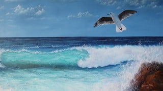 Start Oil painting seascape, sky, clouds & flying bird
