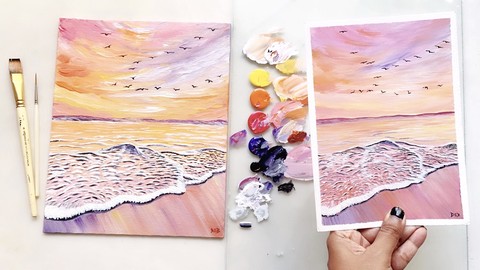 Pink Seascape Acrylic Painting - How To Paint Sea Waves