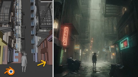 Dark Alley, Full Blender Cinematic Workflow + 300 assets